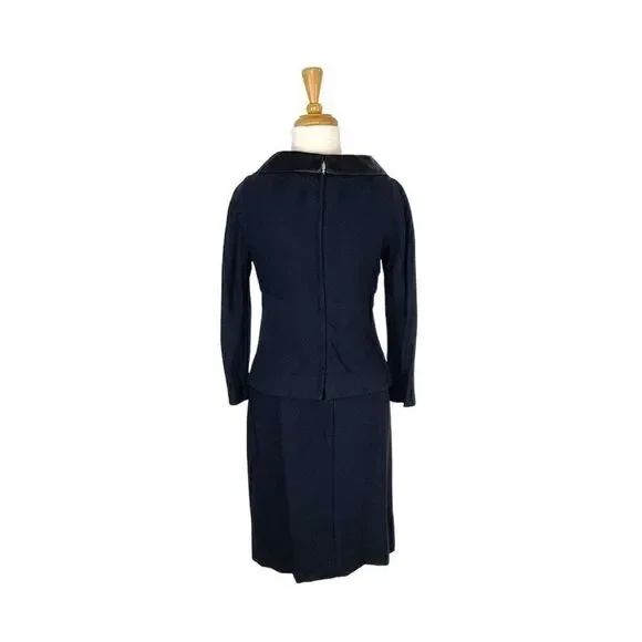 Jeunesse NY S VTG 10 Black Dress Set 1950s Day Suit Bow Volup Satin Shawl Collar - Picture 4 of 13